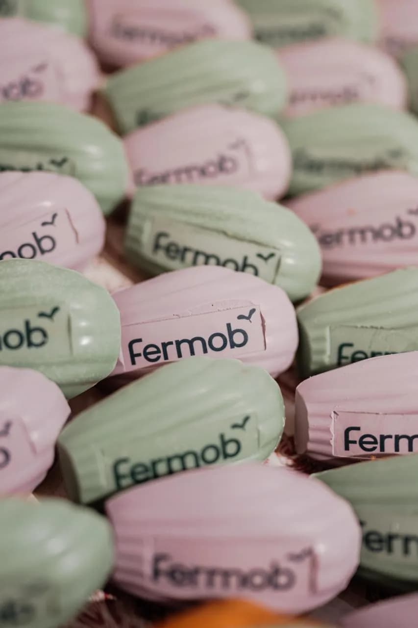 Madeleines en chocolat blanc teinté rose et vert, imprimées du logo Fermob