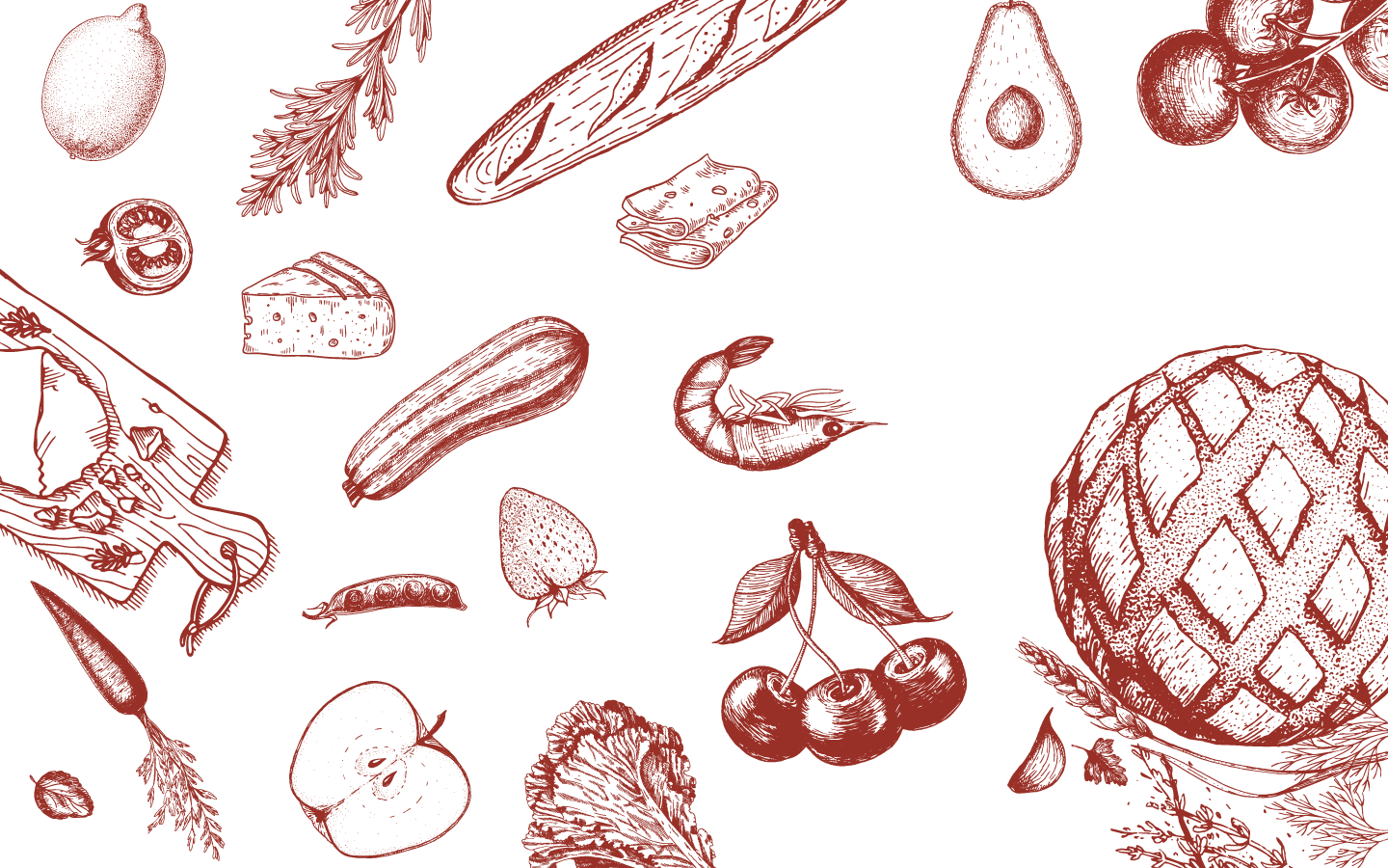 Illustrations dessinées à la main d'aliments variés comme un pain, une crevette, un avocat, des cerises, un morceau de fromage, une fraise, une carotte et une planche à découper avec des herbes.