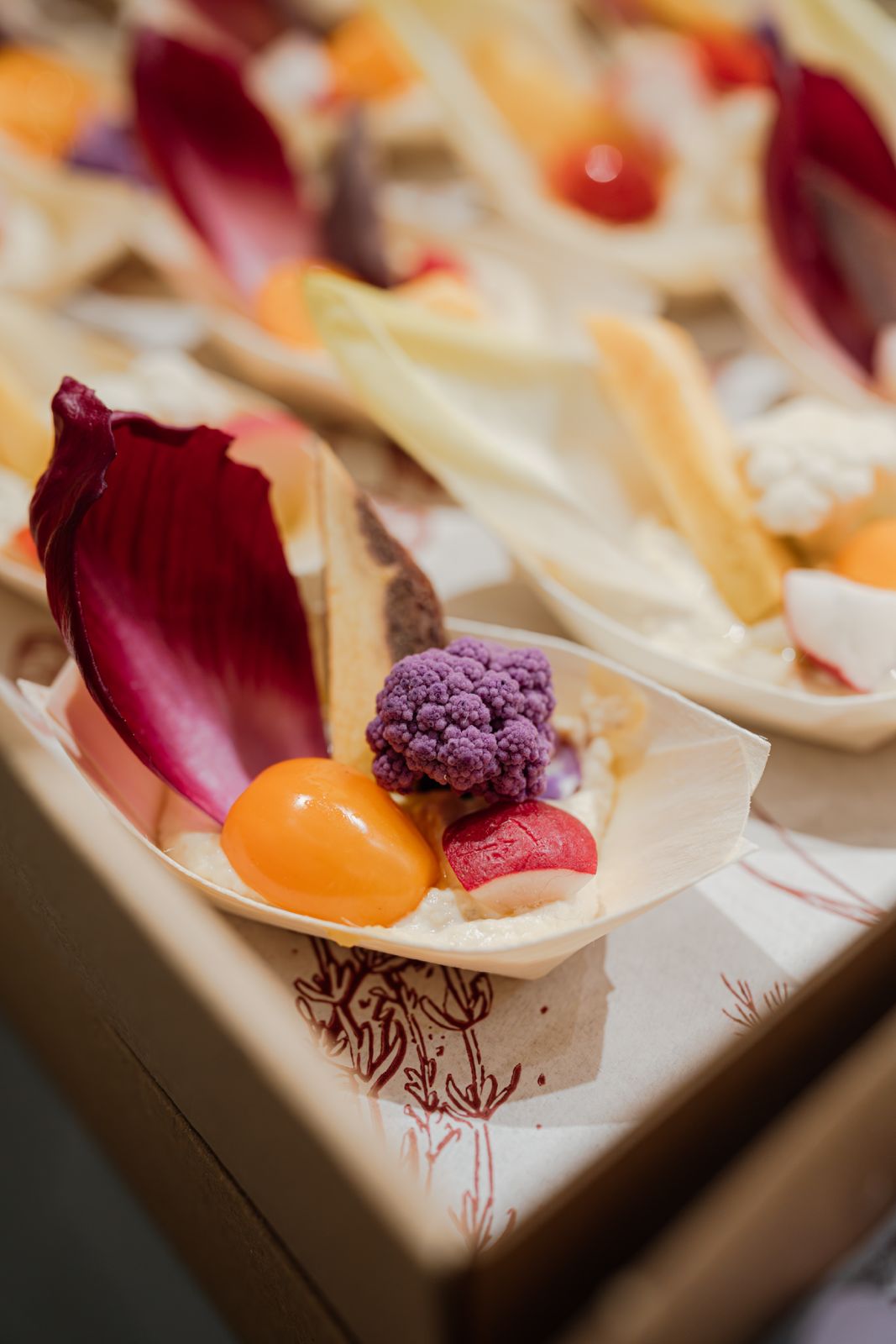 Assiette de dégustation avec feuille de chicorée rouge, chou-fleur violet, tomate cerise orange, radis et trempette blanche.